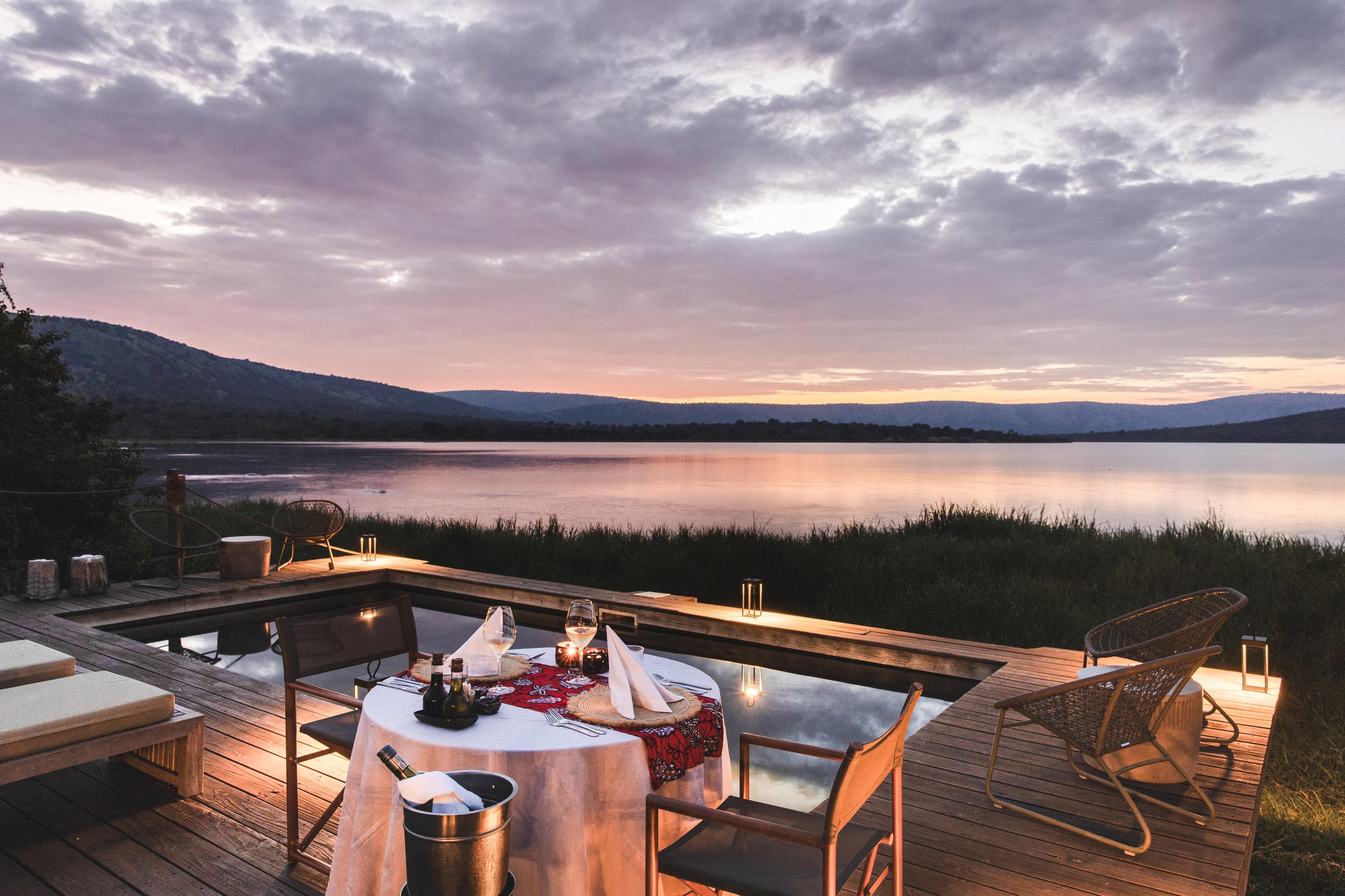 Safari lodge deck at sunset